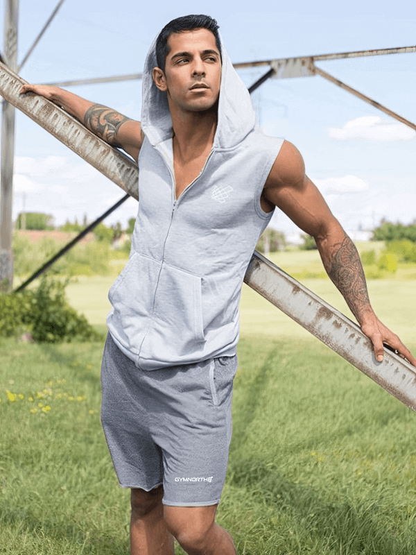Stylish Sporty Men's Hooded Vest with Zipper - Perfect for Gym or Street Fashion in Light Gray